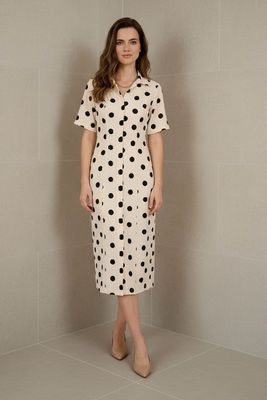 Dames jurk midi – aansluitende fit – zonder stretch – gevoerd – polkadot beige zwart