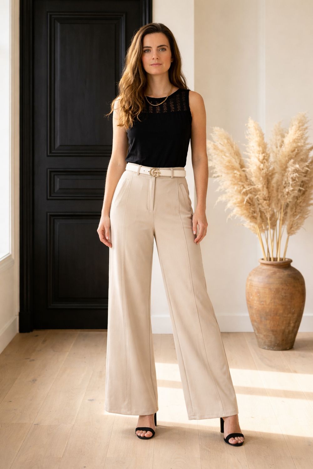 Beige palazzo broek met hoge taille – elegante wide fit