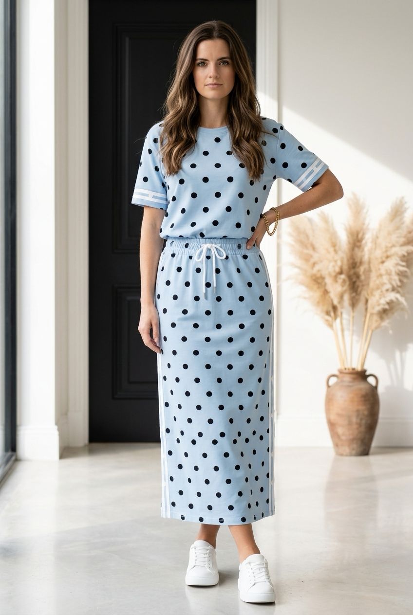 Lichtblauwe midi set met stippen – comfortabele stretch rok &amp; top