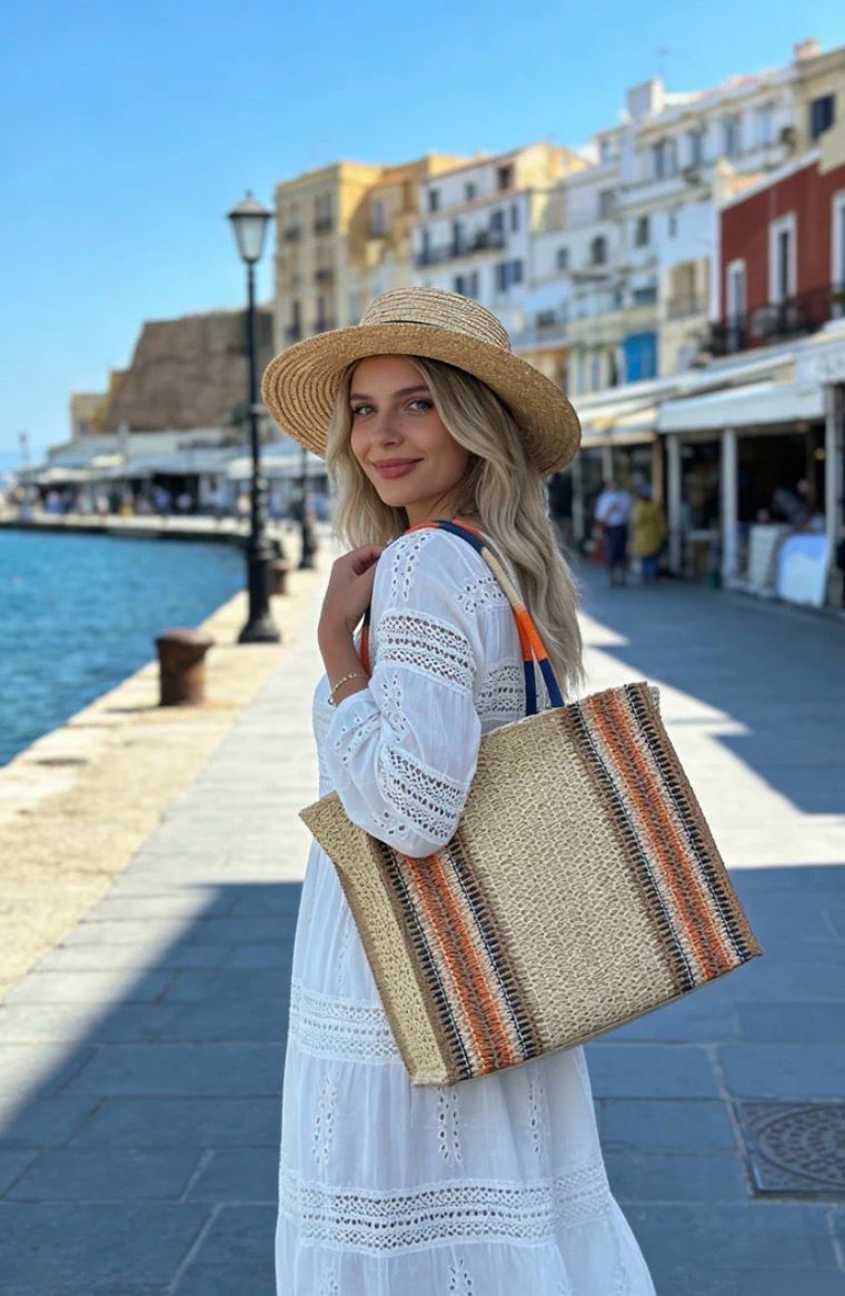 Strandtas in gevlochten look met strepen | Ruim &amp; stijlvol