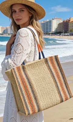 Strandtas in gevlochten look met strepen | Ruim &amp; stijlvol