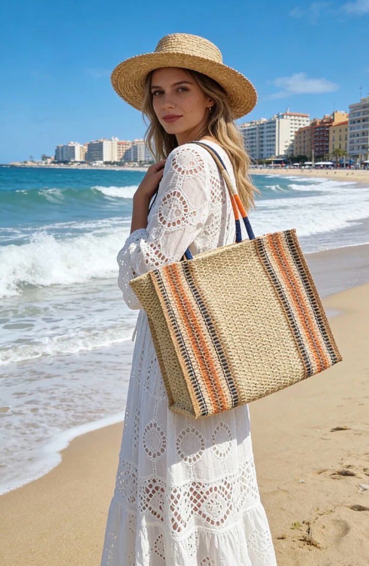 Strandtas in gevlochten look met strepen | Ruim &amp; stijlvol