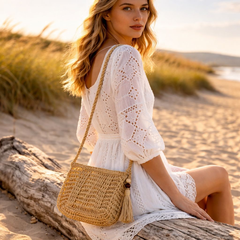 Gehaakte schoudertas met kwastje | Boho summer bag- Natural Macrame