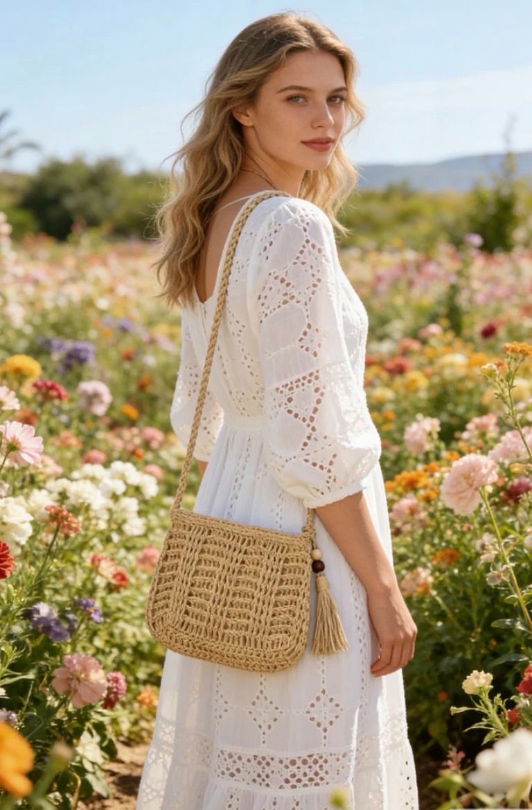Gehaakte schoudertas met kwastje | Boho summer bag- Natural Macrame