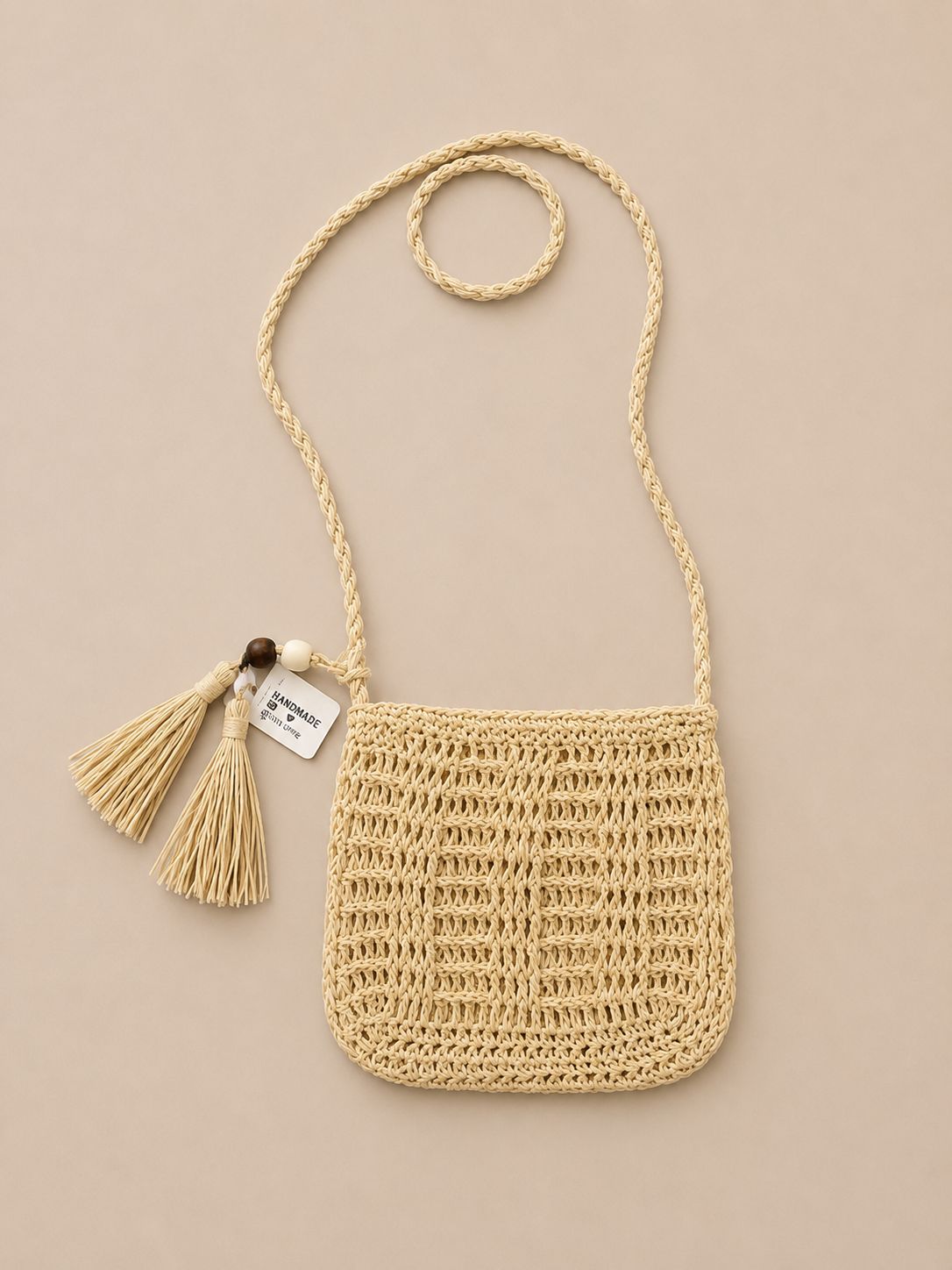Gehaakte schoudertas met kwastje | Boho summer bag- Natural Macrame