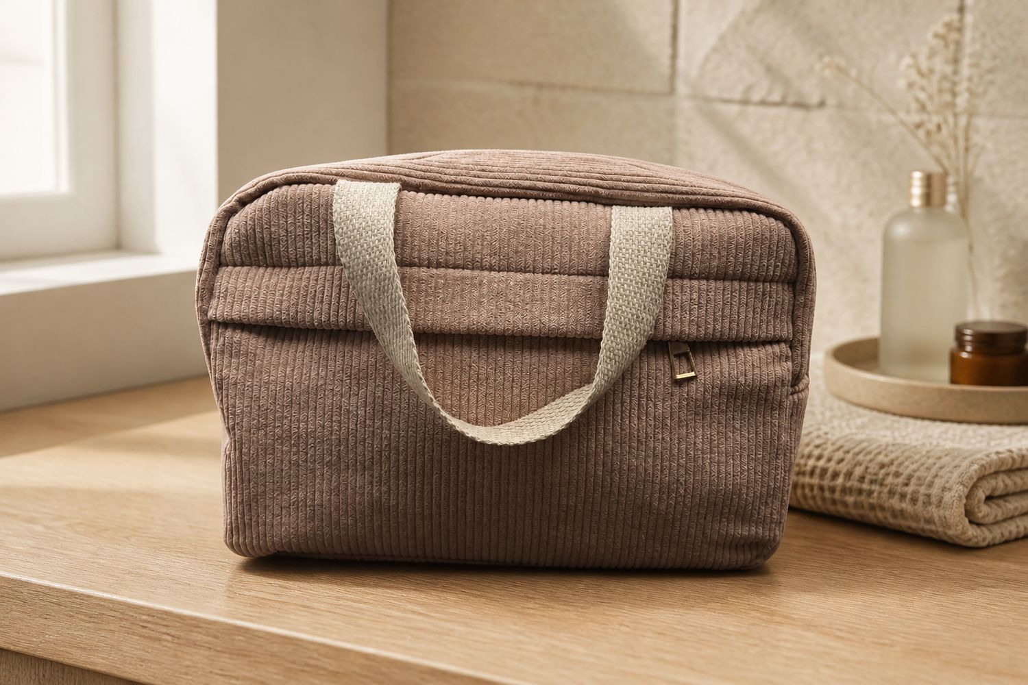 Draagbare Corduroy Toilettas &amp; Make-up Tas met Ritssluiting