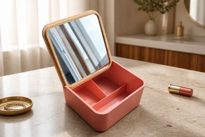 Kleine Opbergdoos met Spiegel &amp; Bamboe Look – 14x 14x 6 cm