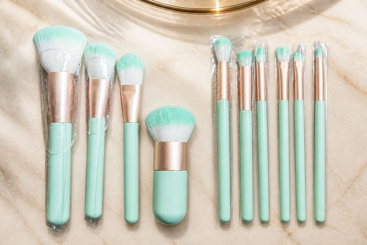 Mintgroene Make-up Kwasten Set met Vegan Haar &amp; Opbergtasje