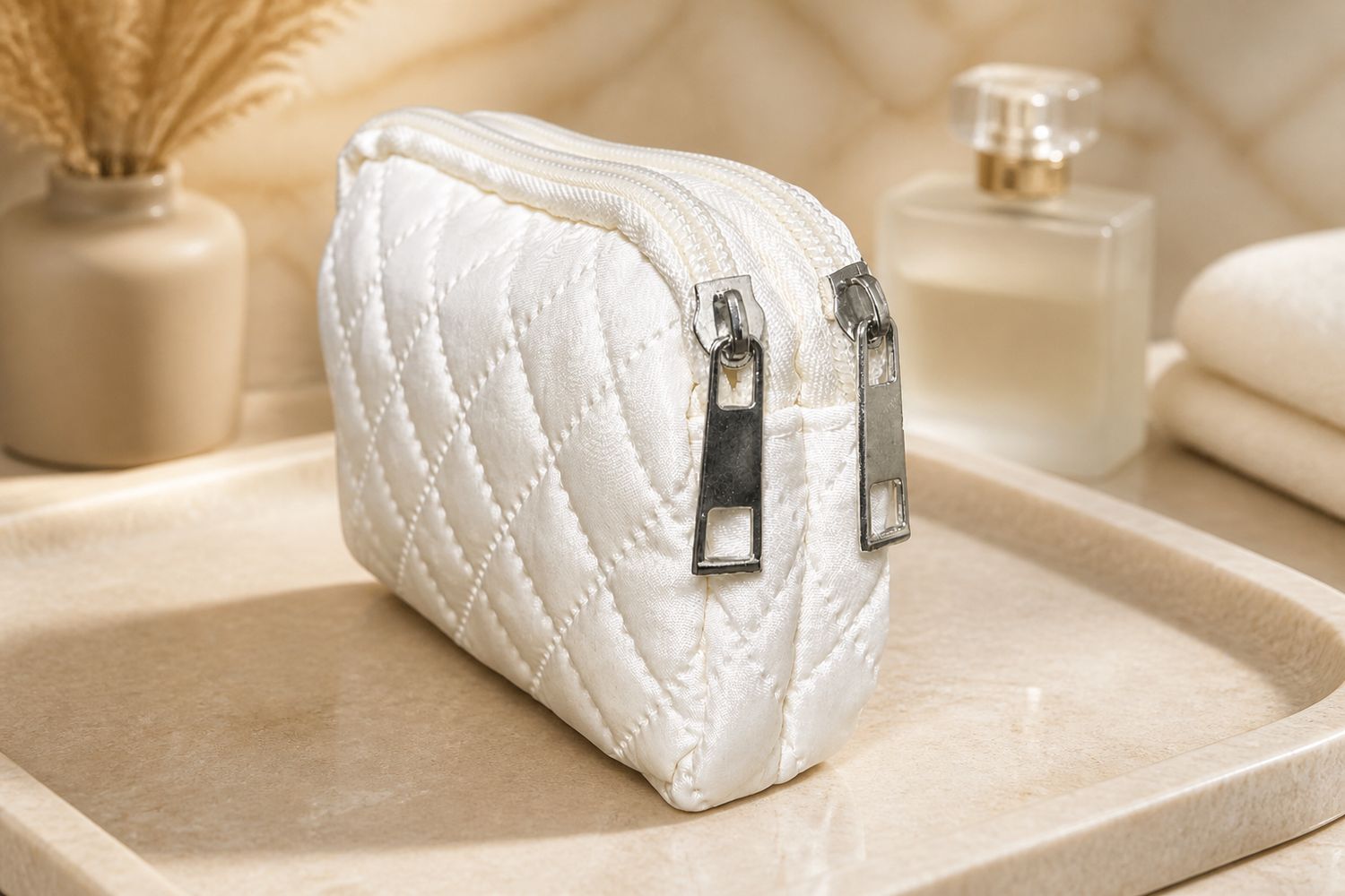 Gewatteerd Mini Make-up Tasje met Dubbele Ritssluiting- 11/7/3cm