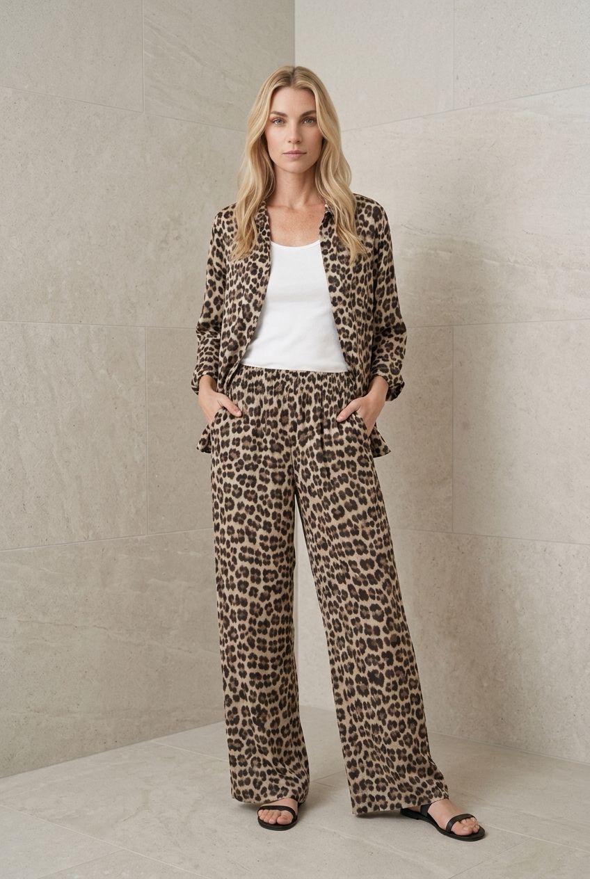Katoen gaas Hemd En Losse Broek Met Elastische Taille- Leopard Print