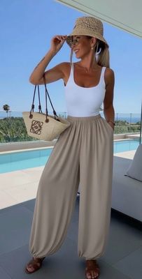 Bohemian Fluid Pants – Elastic Waist &amp; Loose Fit- Taupe