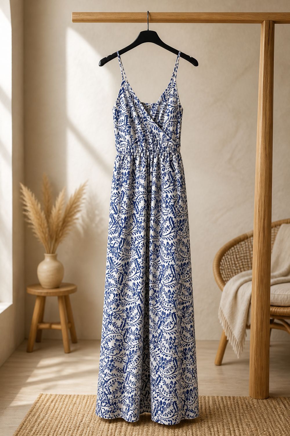 Zomerse maxi jurk met blauwe print – verstelbare bandjes