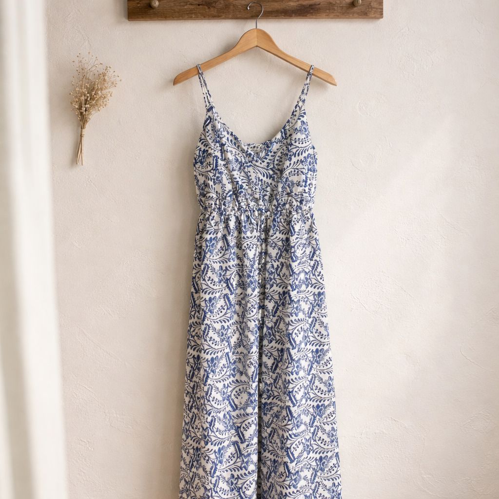 Zomerse maxi jurk met blauwe print – verstelbare bandjes