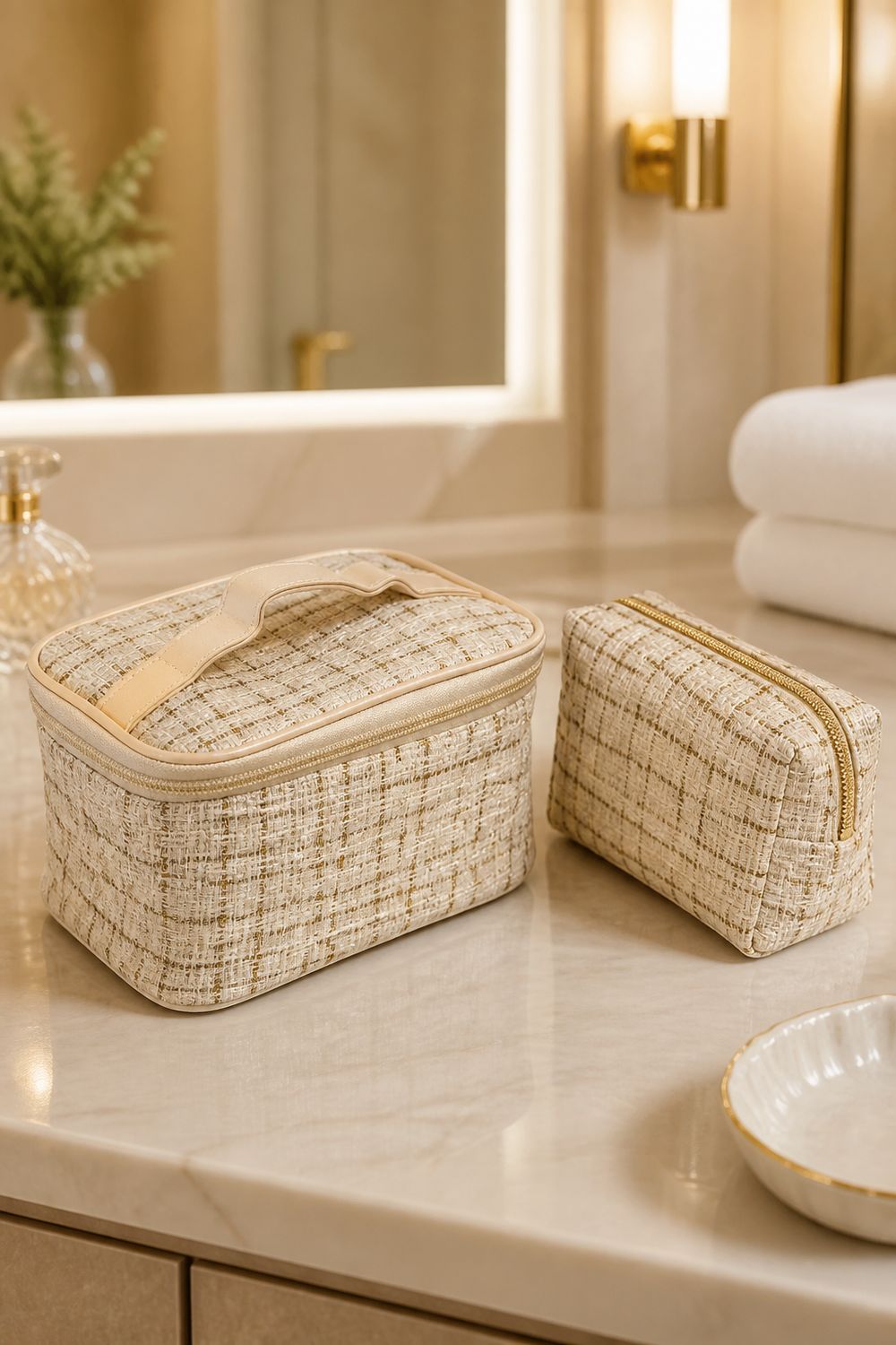 toilettassen set met structuur – Beige &amp; Structuur