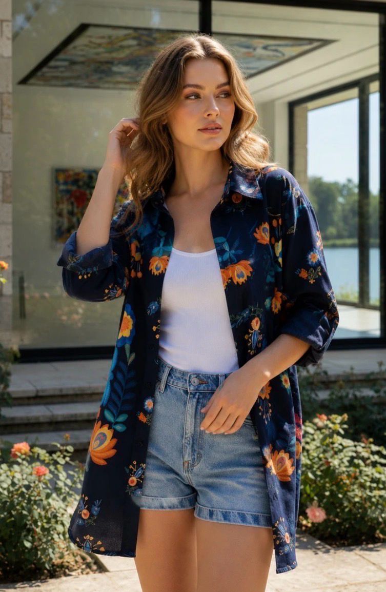 Luchtige oversized tuniekjurk met bloemenprint – vervaardigd uit 100% katoen.