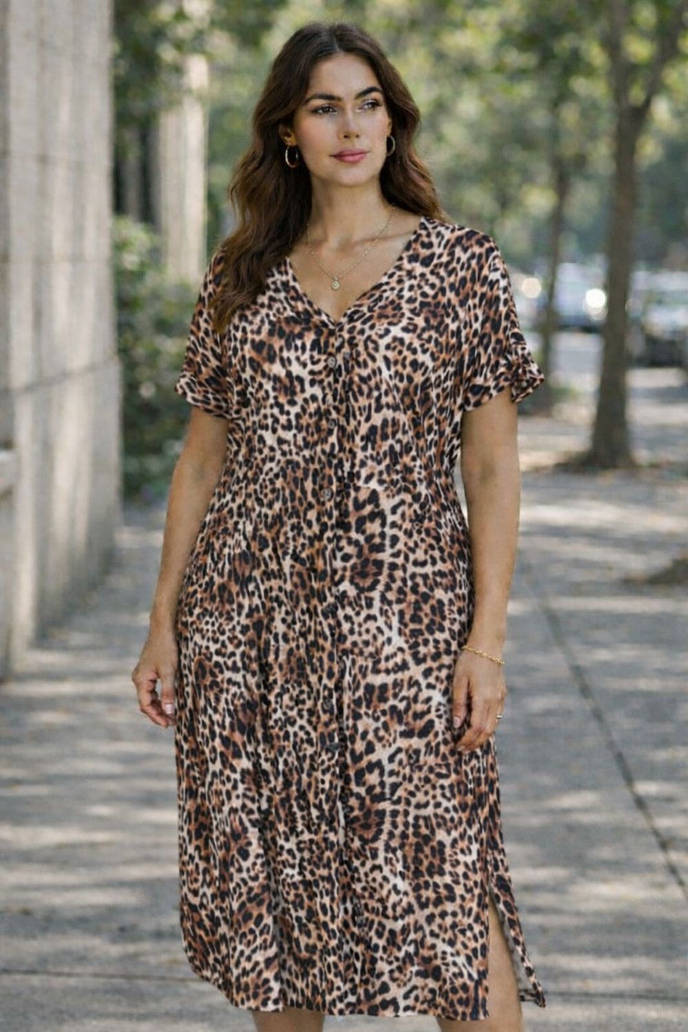 Midi Knoopjes Jurk Met Leopard Print