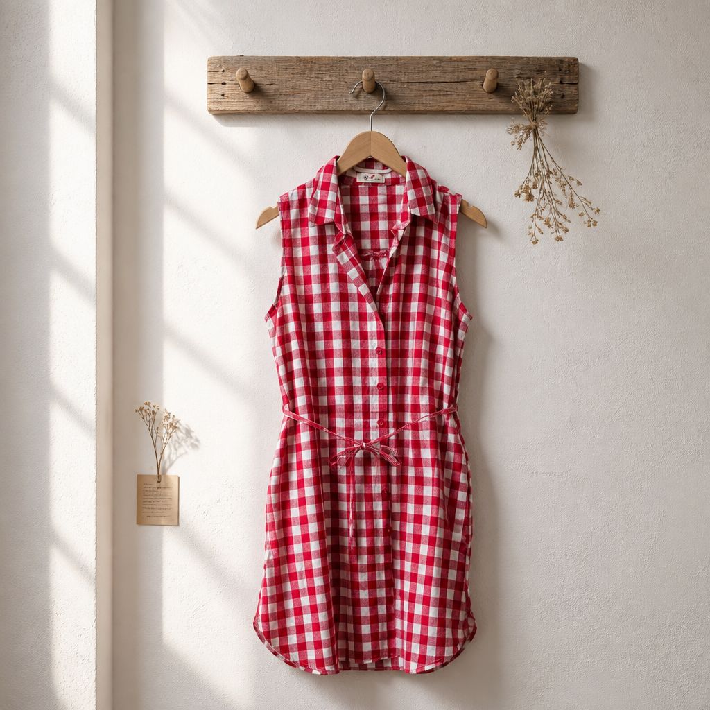 Gingham Shirt Jurk- Knoopjes Jurk Met Rode Ruitjes - Katoen
