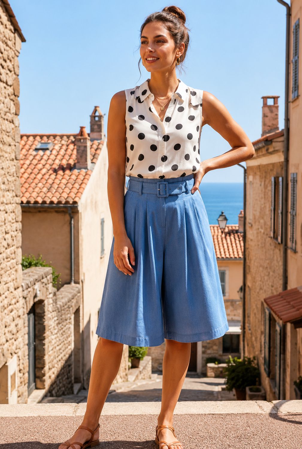 Flowy Bermuda Short Met Riem- Light Denim Look