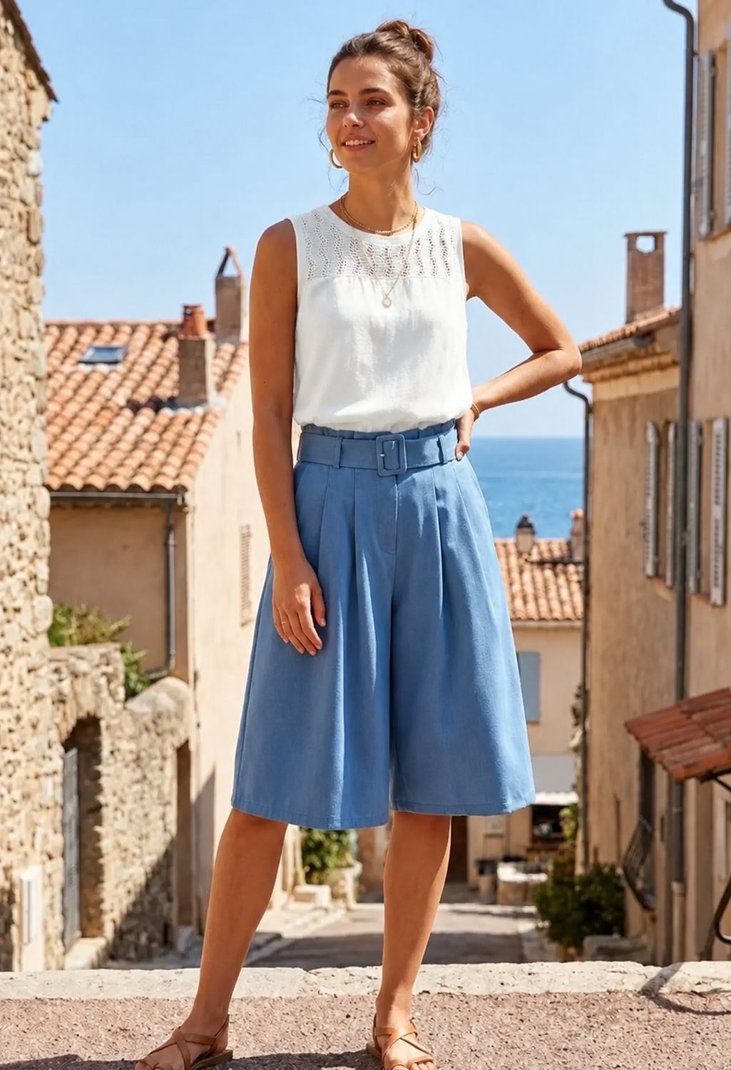 Flowy Bermuda Short Met Riem- Light Denim Look