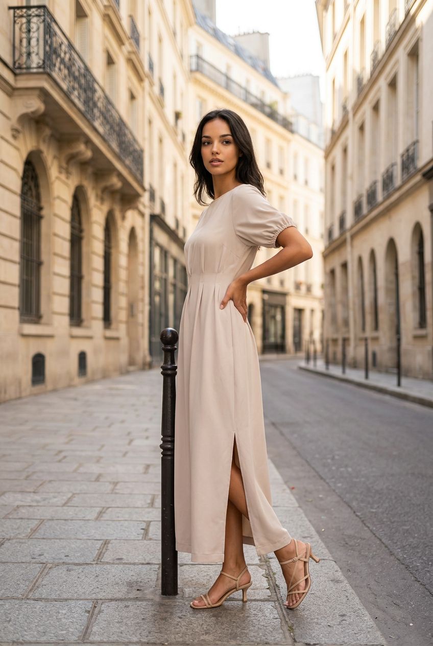 Flowy Maxi Jurk Met Elastische Taille- Beige