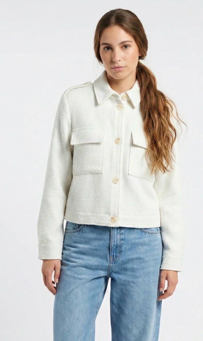 Tweed Tussenjasje met Zakdetails – Ecru &amp; Antraciet- Kort Jasje voor Dames