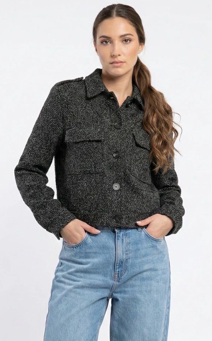 Tweed Tussenjasje met Zakdetails – Ecru &amp; Antraciet- Kort Jasje voor Dames