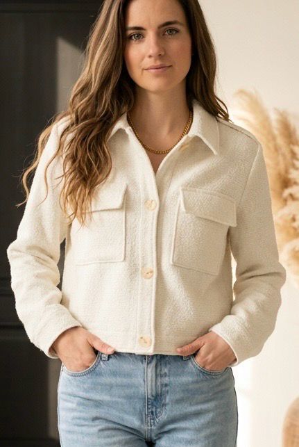 Tweed Tussenjasje met Zakdetails – Ecru &amp; Antraciet- Kort Jasje voor Dames