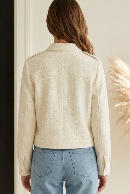 Tweed Tussenjasje met Zakdetails – Ecru &amp; Antraciet- Kort Jasje voor Dames