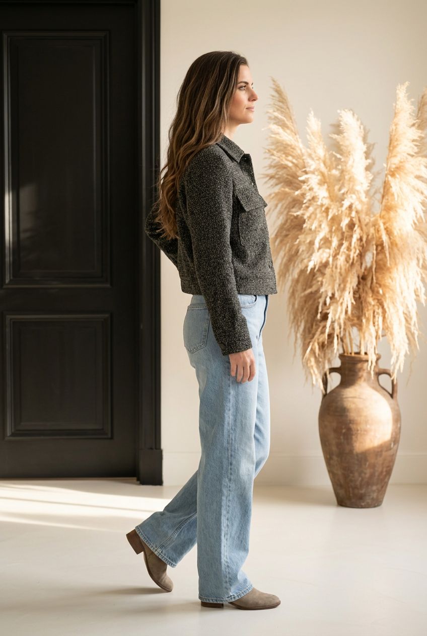 Tweed Tussenjasje met Zakdetails – Ecru &amp; Antraciet- Kort Jasje voor Dames
