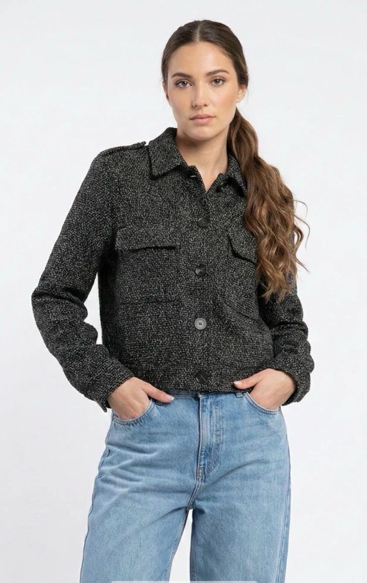 Tweed Tussenjasje met Zakdetails – Ecru &amp; Antraciet- Kort Jasje voor Dames