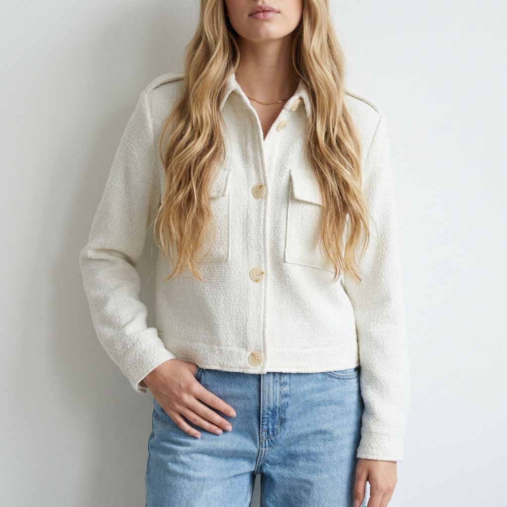Tweed Tussenseizoen Jasje met Zakdetails – Ecru &amp; Antraciet- Kort Jasje voor Dames