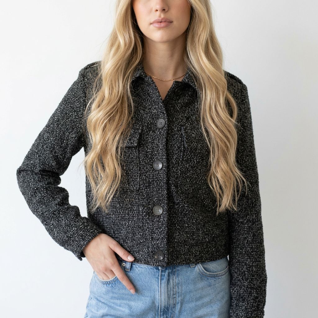 Tweed Tussenseizoen Jasje met Zakdetails – Ecru &amp; Antraciet- Kort Jasje voor Dames