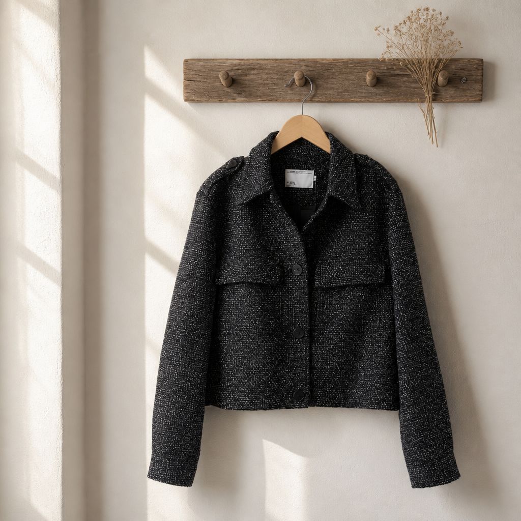 Tweed Tussenseizoen Jasje met Zakdetails – Ecru &amp; Antraciet- Kort Jasje voor Dames