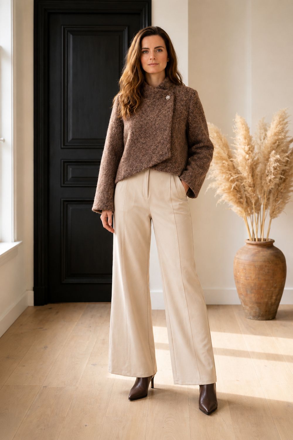 Korte Soft Luxe Bouclé Jacket – Taupe Brown- Tussen Seizoen Jasje