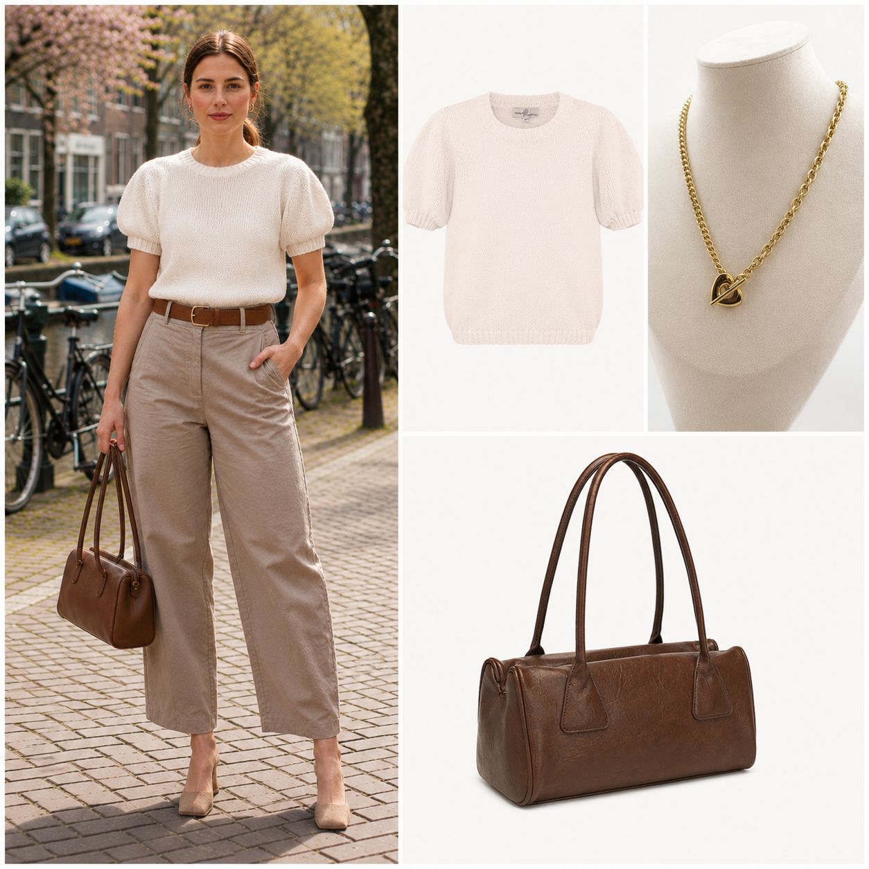 Barrel Broek Met Knit T Shirt- Riem- Ketting En Handtas