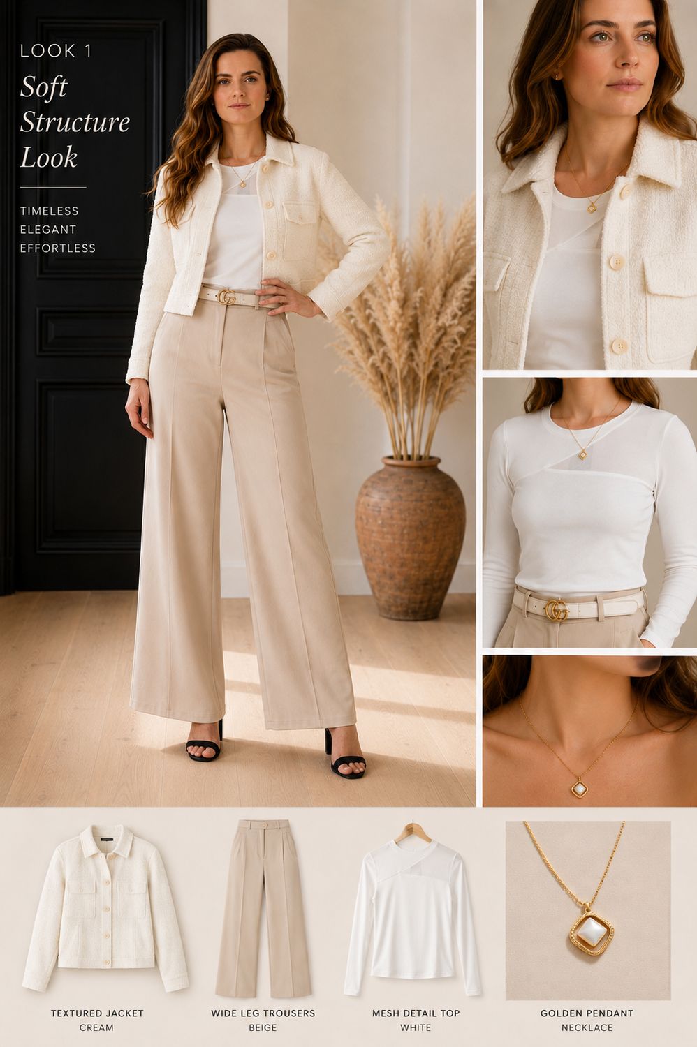 Palazzo Broek Beige- Witte Top Met Mesh Detail - Ecru Tweed Jasje- Ketting Stainless Steel