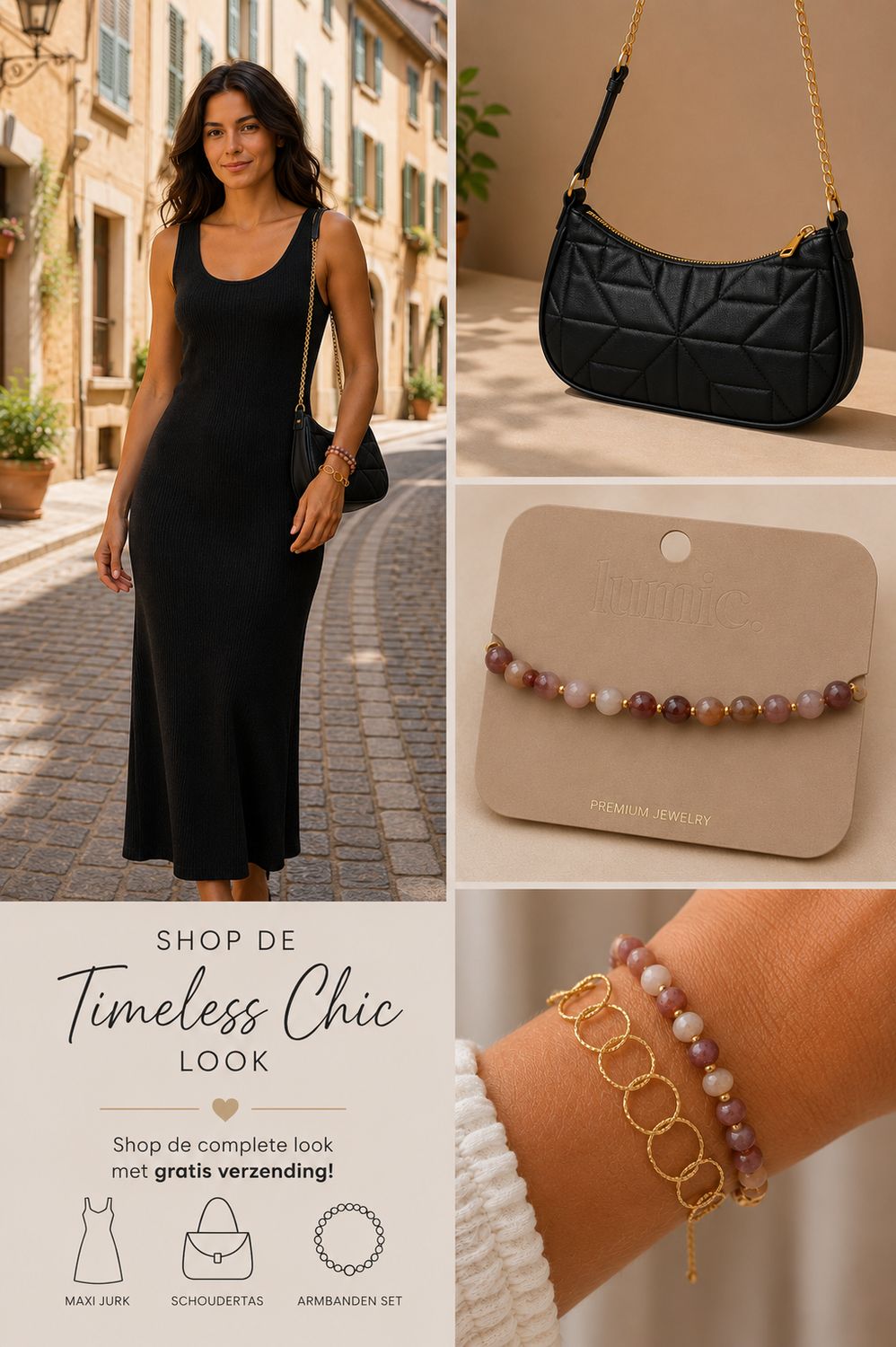 Zwarte Aansluitende Knit Jurk Met Lichte Sparkle- Armbanden set - Schoudertasje Zwart