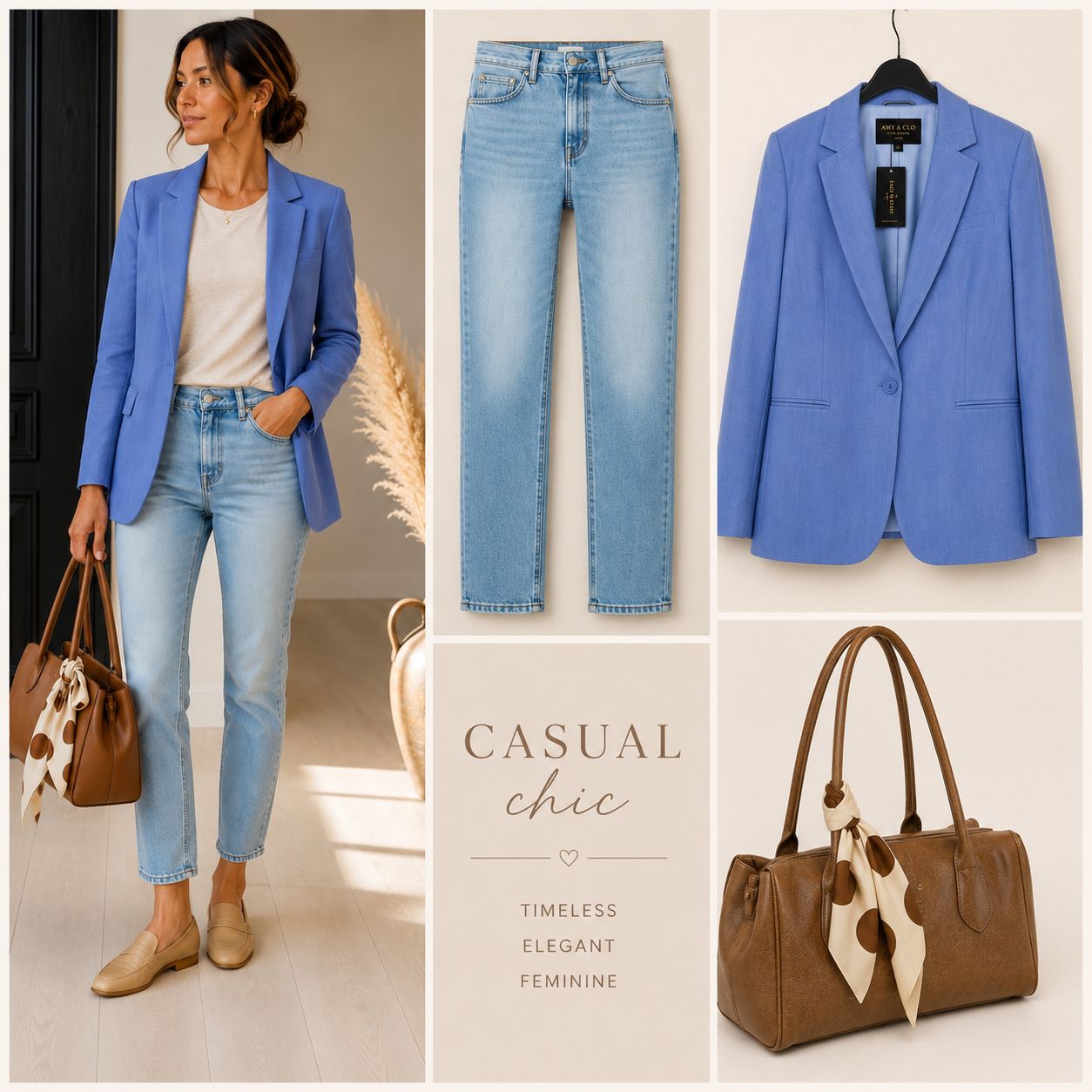 Shop The Look - Premium Straight Cut Blazer – Lichte Straight Gut Jeans - Camel Tas