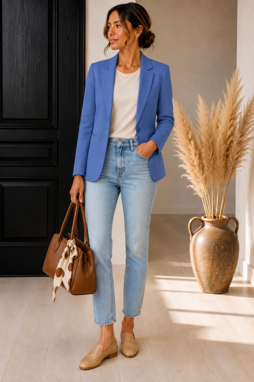 Shop The Look - Premium Straight Cut Blazer – Lichte Straight Gut Jeans - Camel Tas