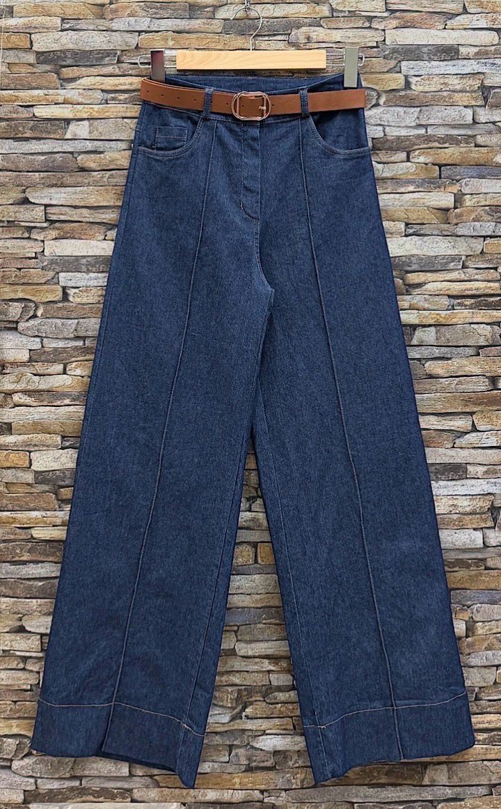 Denim Palazzo Broek met Ceintuur – High Waist Wide Leg Damesbroek