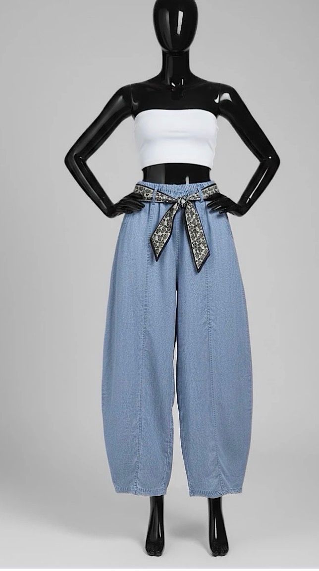 Lichtblauwe Balloon Broek met Sjaalriem – High Waist Lyocell Broek Dames