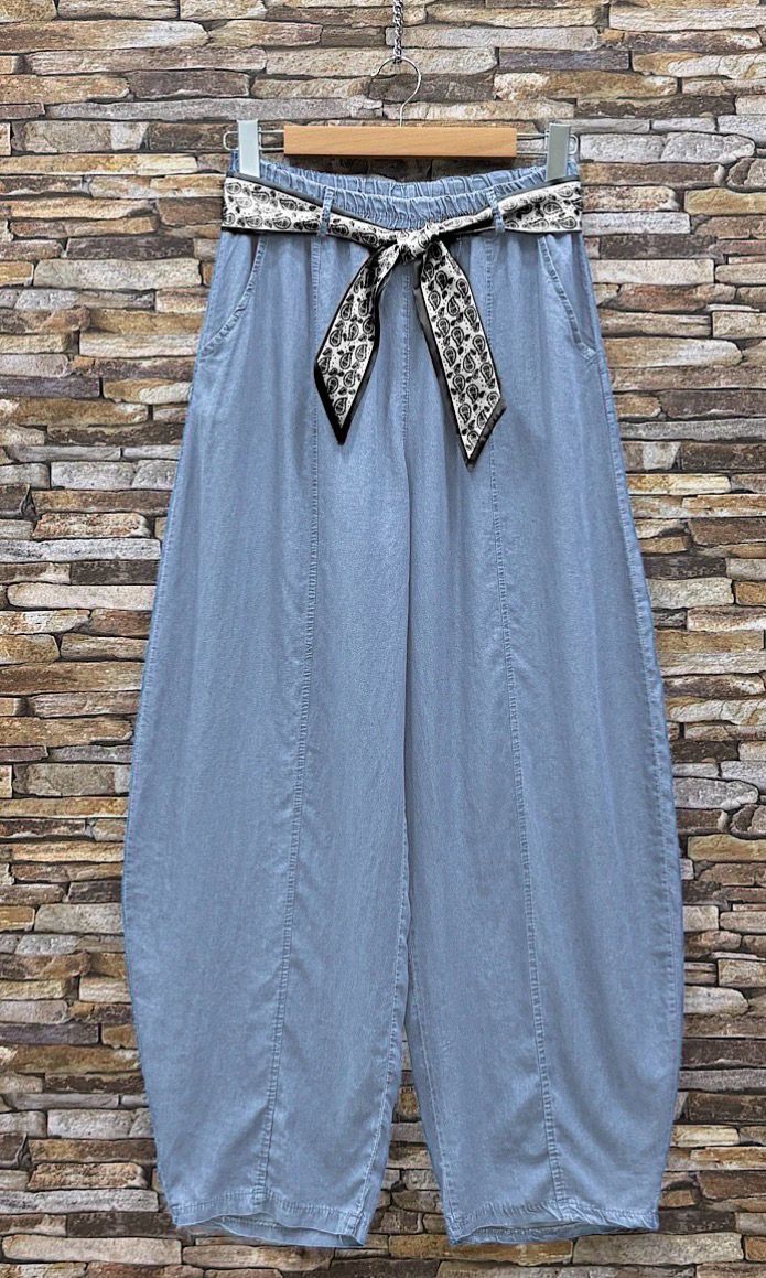 Lichtblauwe Balloon Broek met Sjaalriem – High Waist Lyocell Broek Dames