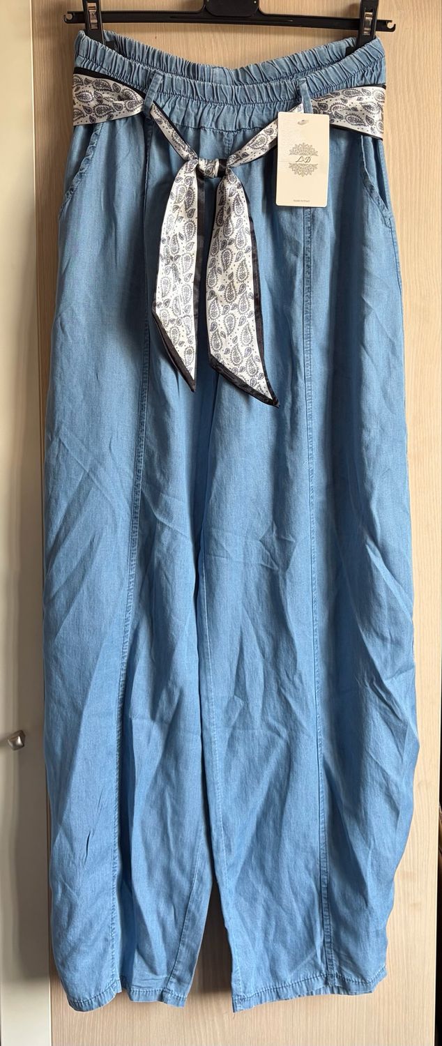 Lichtblauwe Balloon Broek met Sjaalriem – High Waist Lyocell Broek Dames