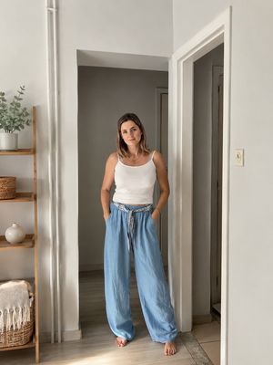 Lichtblauwe Balloon Broek met Sjaalriem – High Waist Lyocell Broek Dames