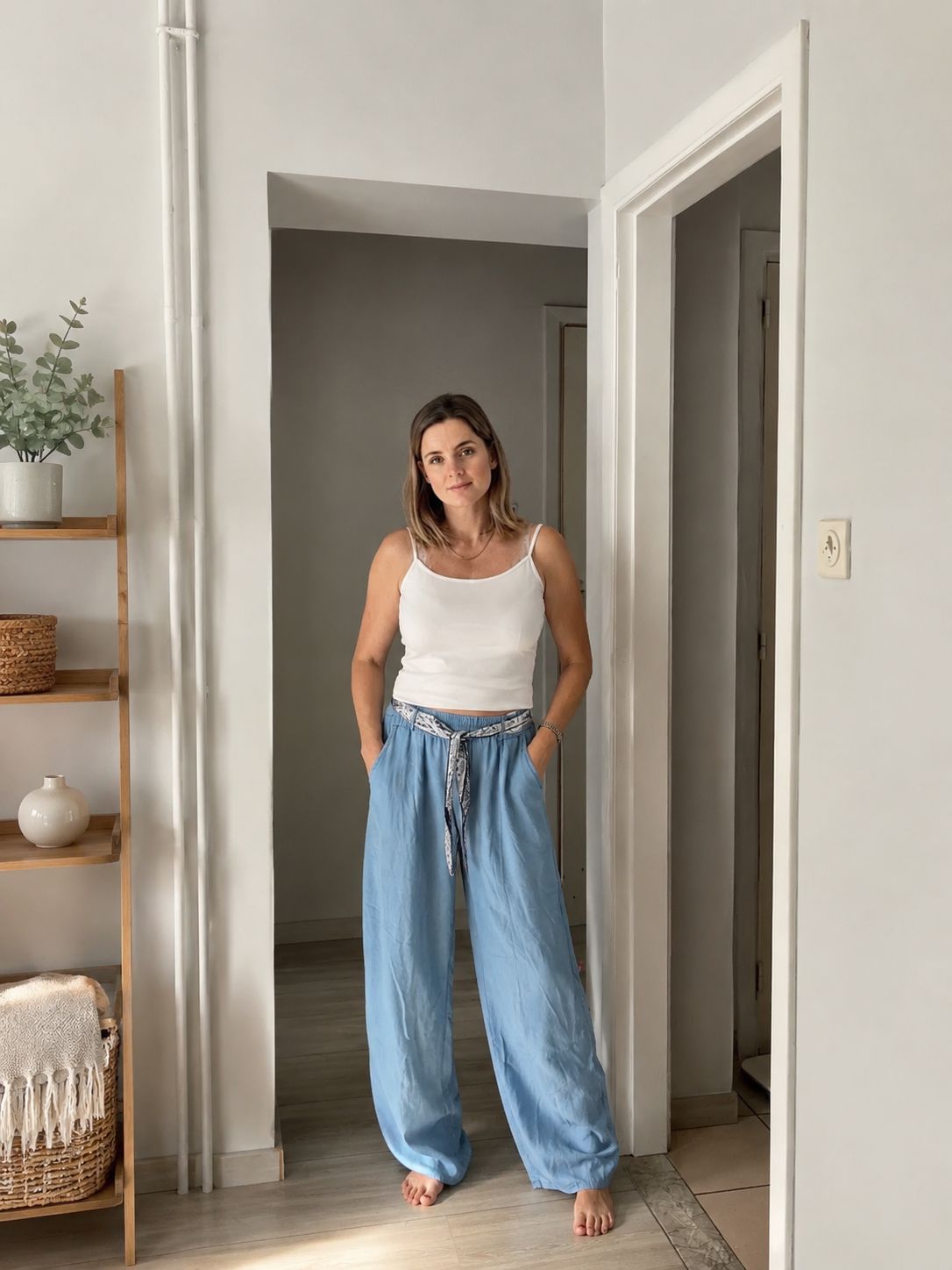 Lichtblauwe Balloon Broek met Sjaalriem – High Waist Lyocell Broek Dames