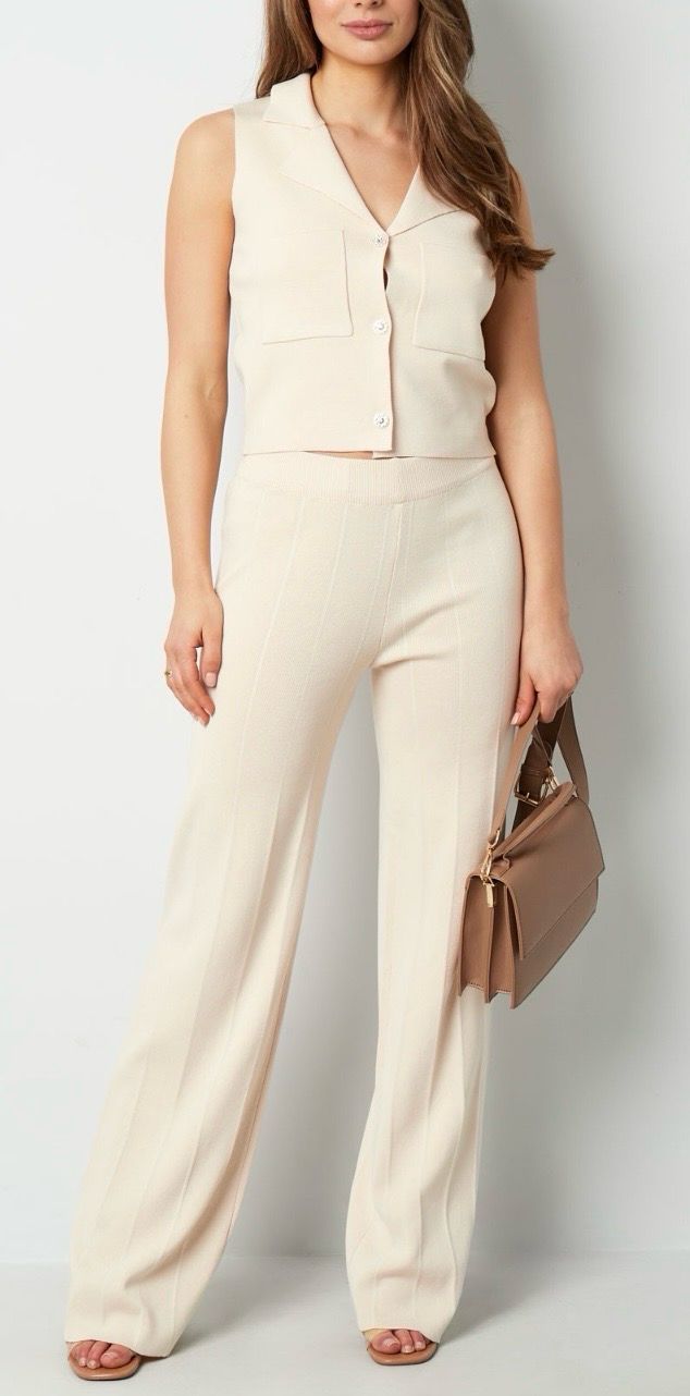 Comfy Knitted Pants - All Season Pants- Beige - -zwart- Wide Leg - Broek Met Stretch Voor Dames