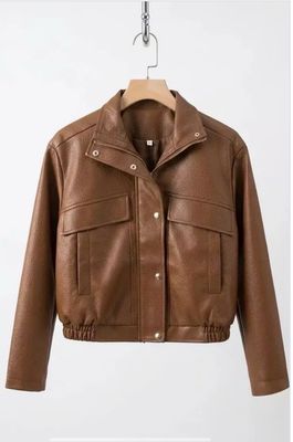 Leather Look Cropped BomberJasje Voor Dames- Cognac Kleur