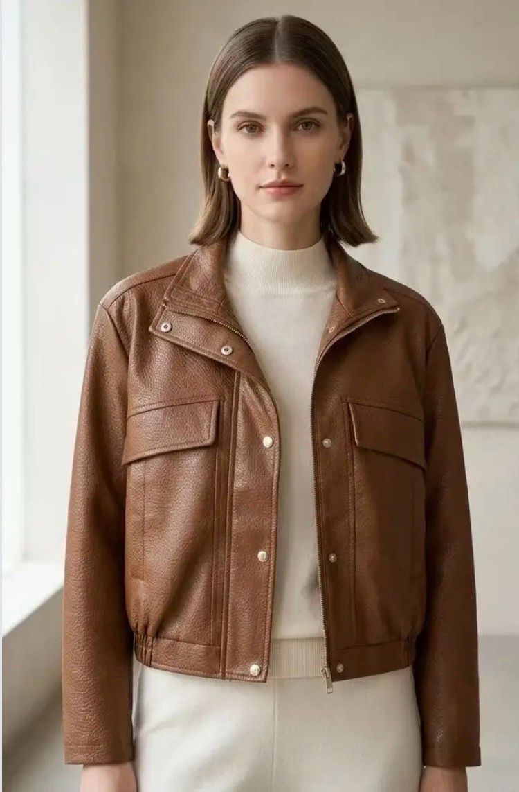 Leather Look Cropped BomberJasje Voor Dames- Cognac Kleur