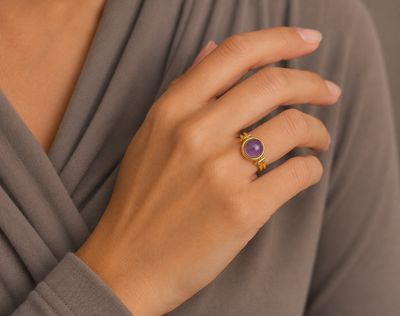 Stainless Steel Open Ring – Resin Stone Lavender Gold