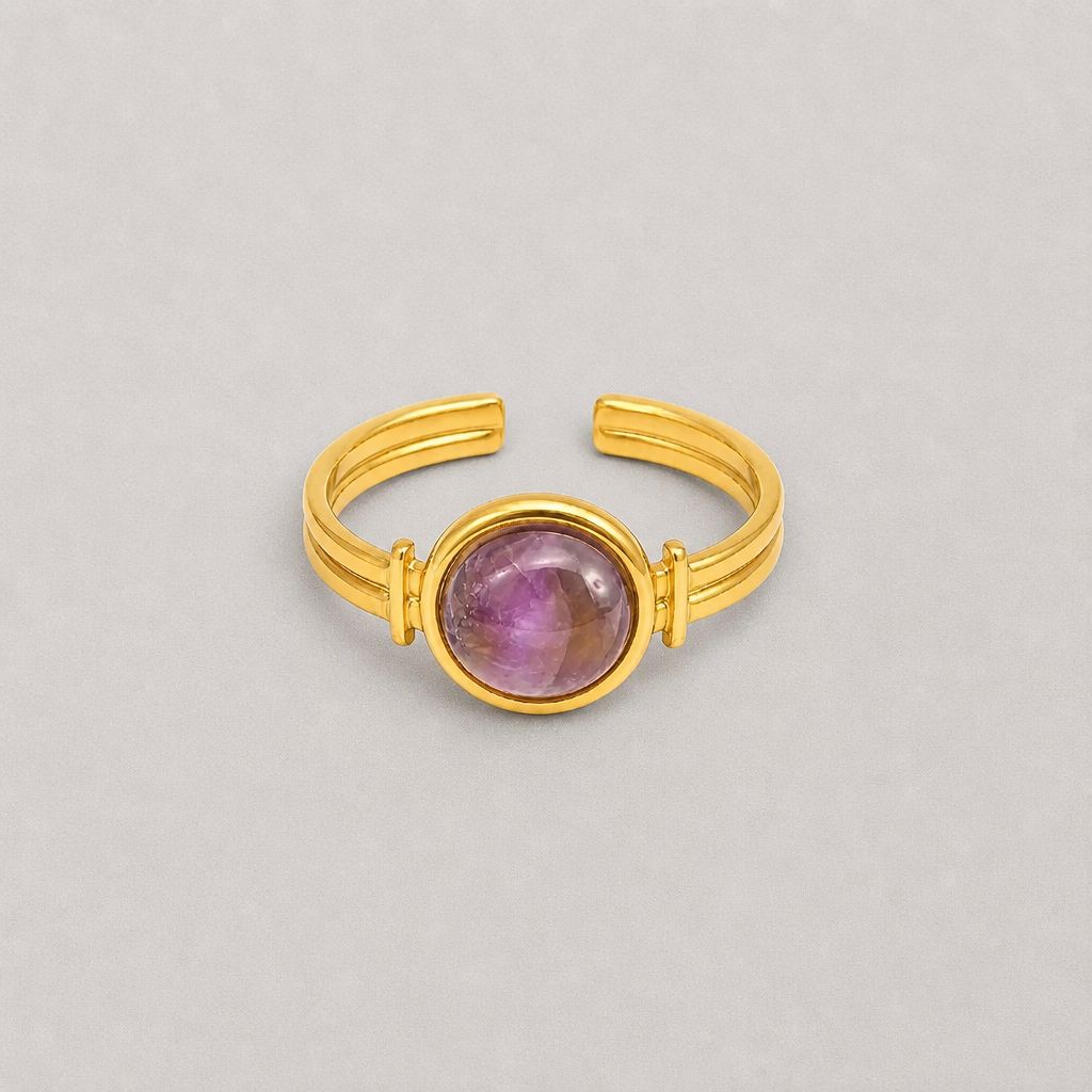 Stainless Steel Open Ring – Resin Stone Lavender Gold
